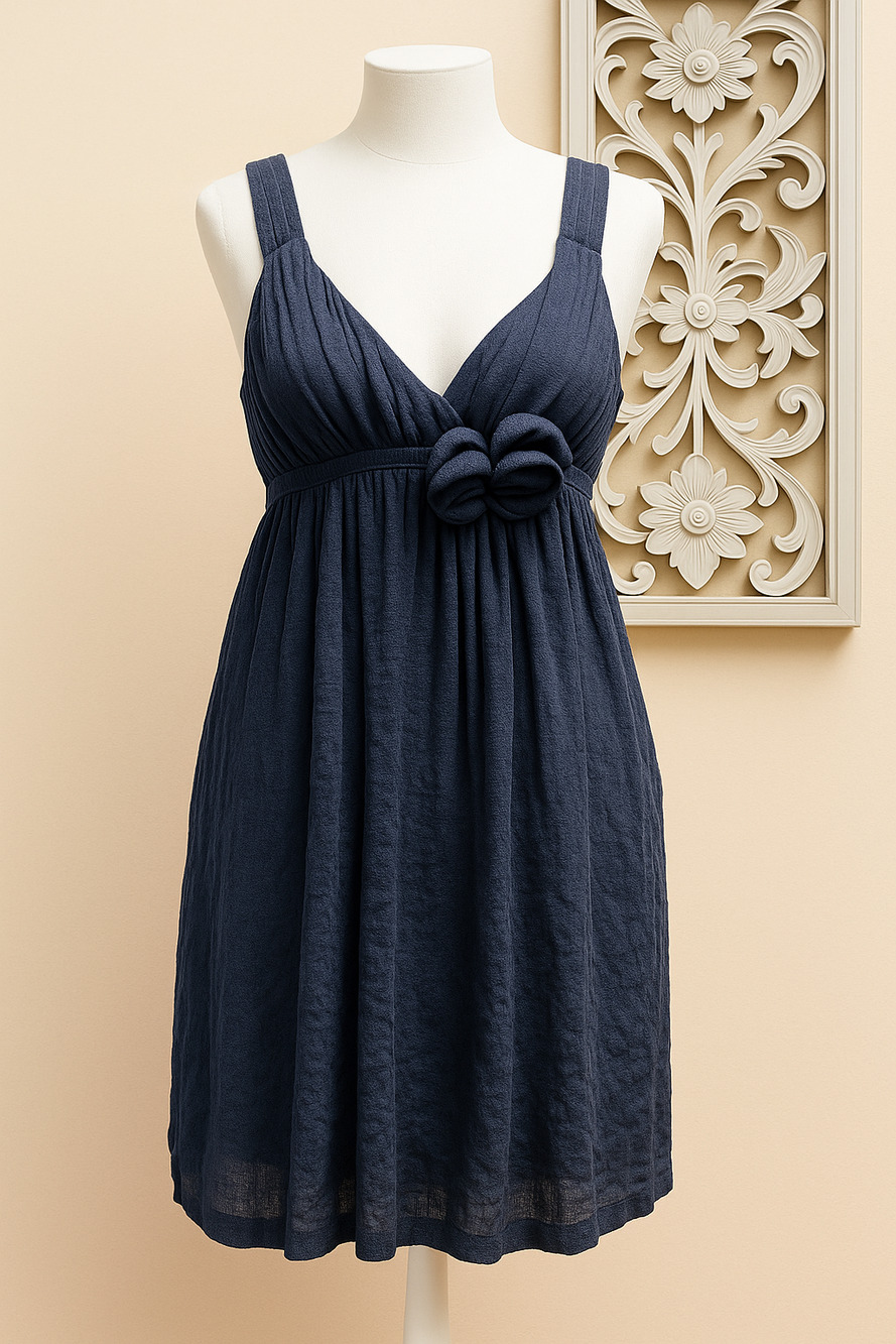 Frisky S Navy Sleeveless Mini Dress Empire Waist Rosette Boho Cottagecore Y2K
